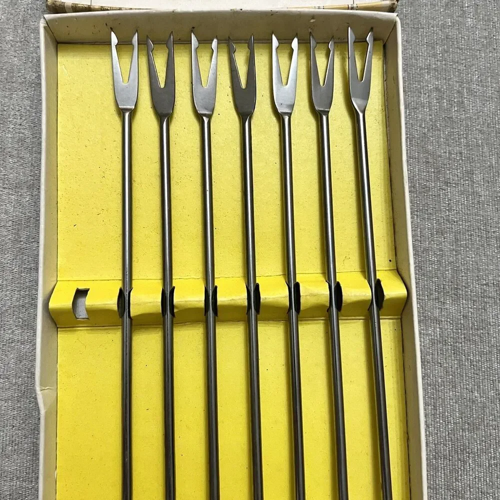 VTG MCM Teak Handle Stainless Fondue Forks Original Box 11 Pcs Made In Japan EXC